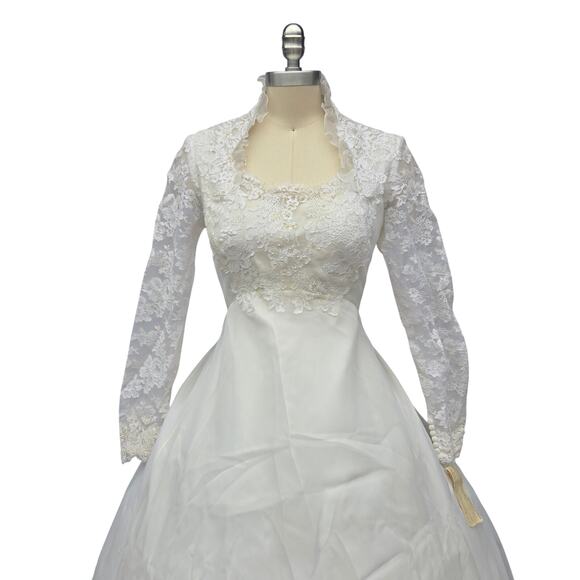 Vintage 60s 70s Wedding Dress Size 12 S M NWT White Lace Train Pleats Chiffon - Picture 3 of 16